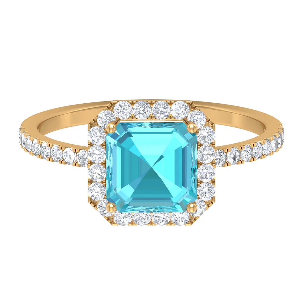 Cushion Cut Swiss Blue Topaz Engagement Ring with Diamond Halo