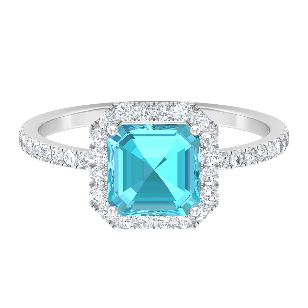 Cushion Cut Swiss Blue Topaz Engagement Ring with Diamond Halo