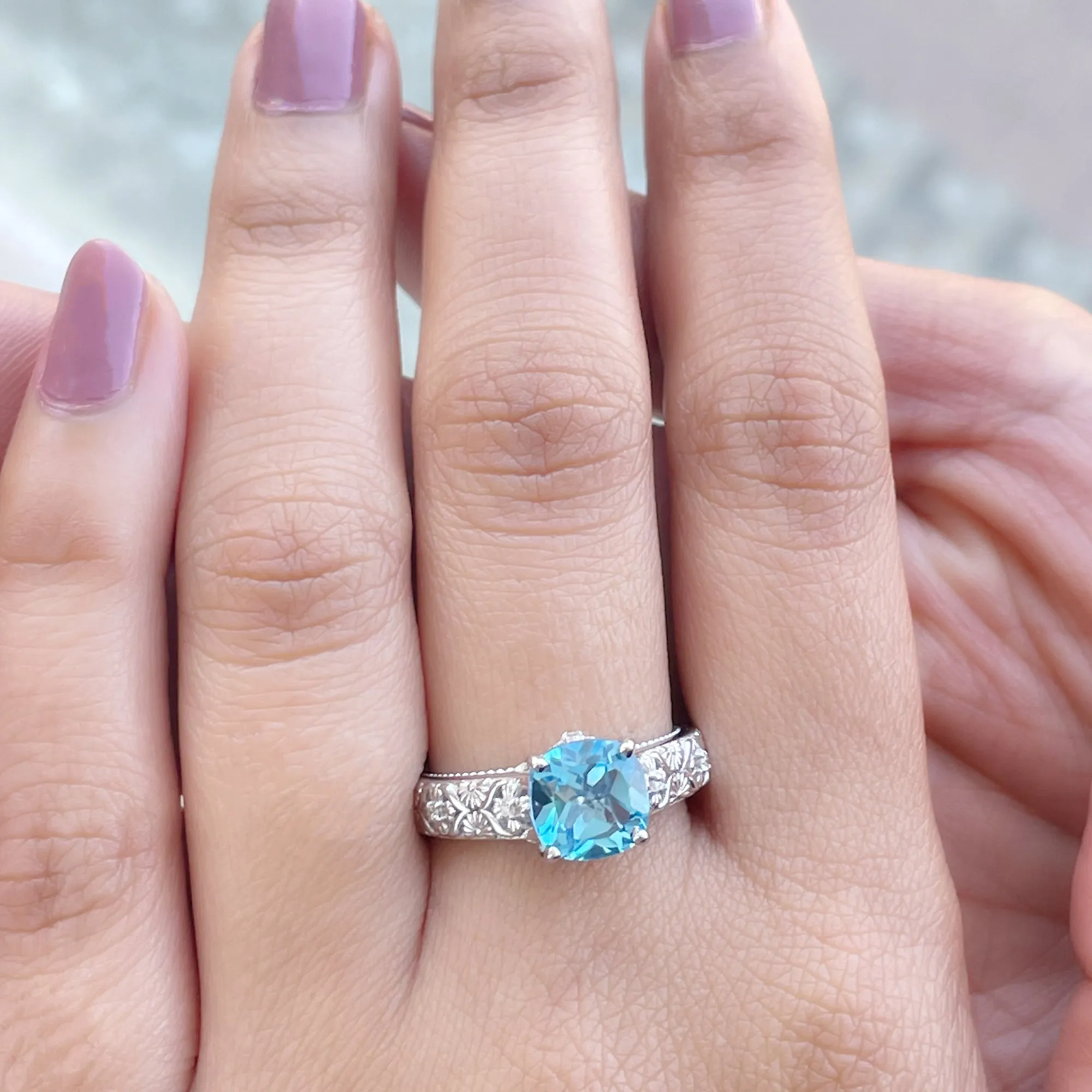 Cushion Cut Swiss Blue Topaz Solitaire Ring with Diamond