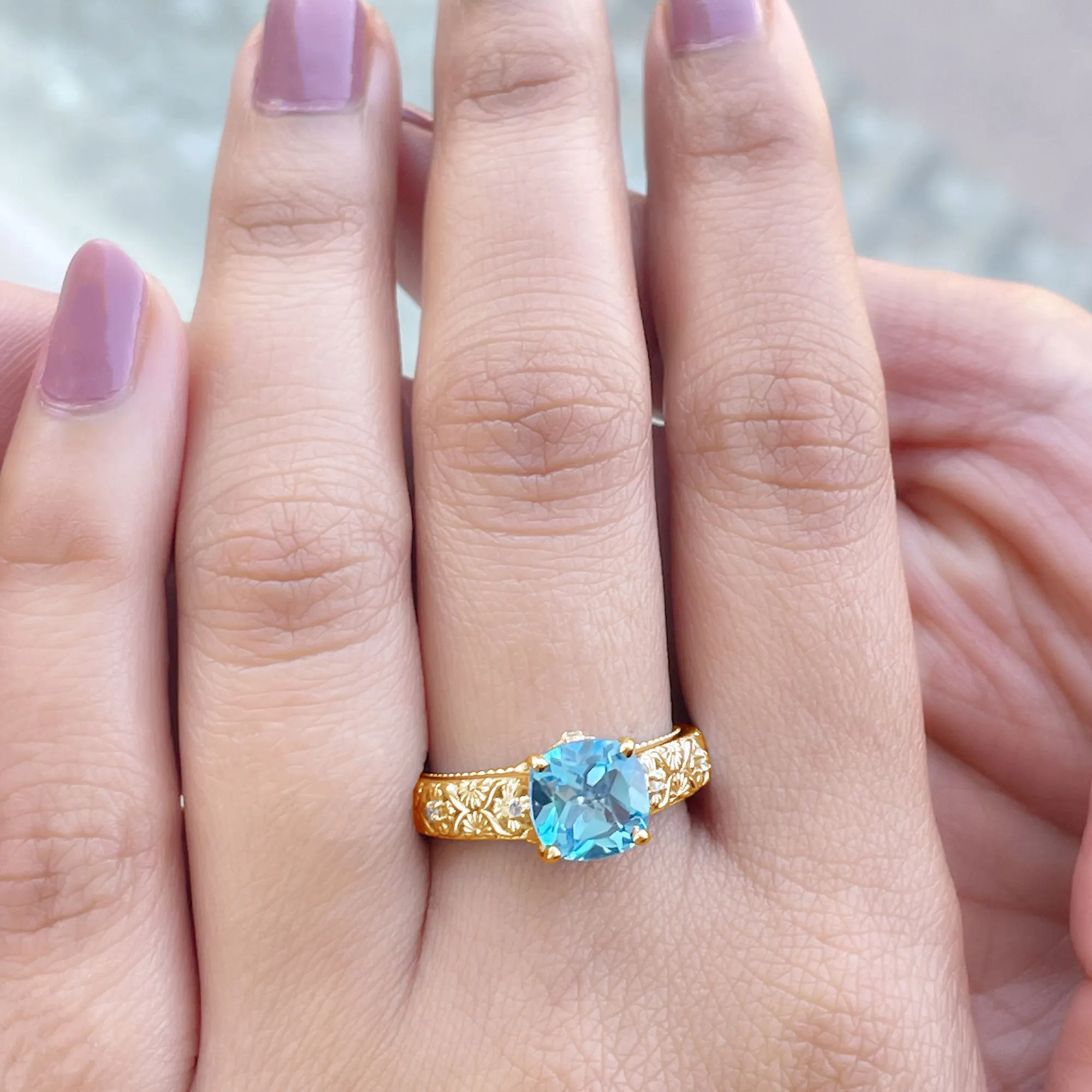 Cushion Cut Swiss Blue Topaz Solitaire Ring with Diamond