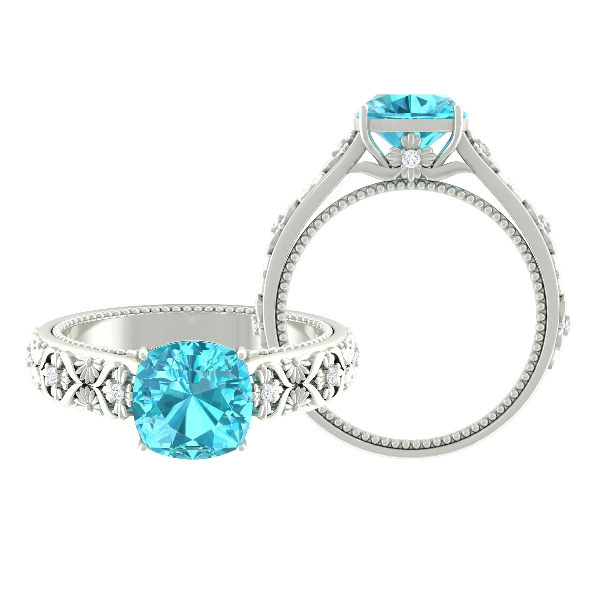 Cushion Cut Swiss Blue Topaz Solitaire Ring with Diamond