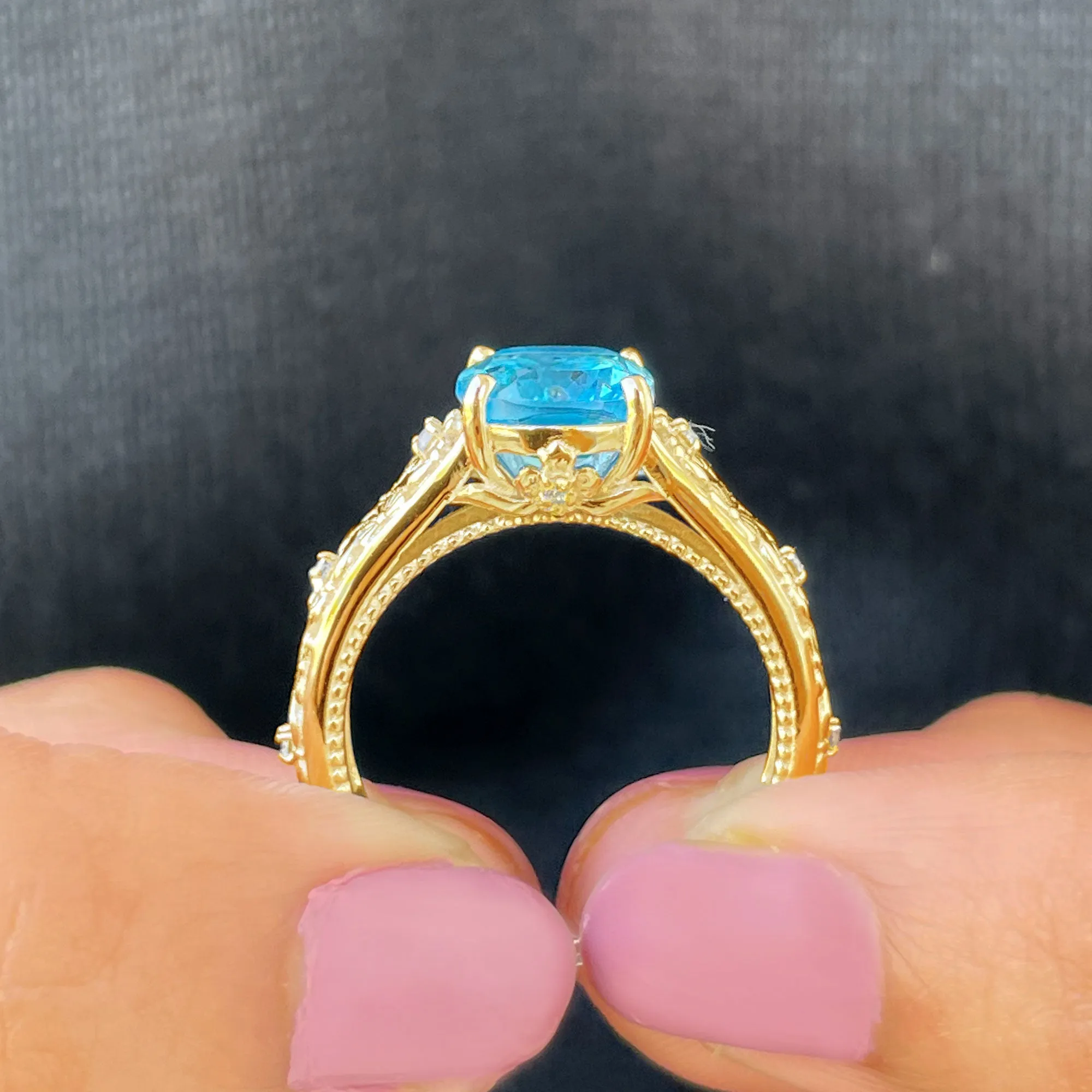 Cushion Cut Swiss Blue Topaz Solitaire Ring with Diamond