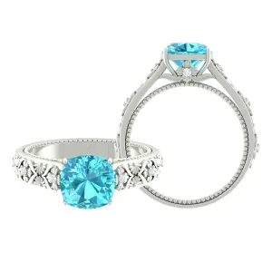 Cushion Cut Swiss Blue Topaz Solitaire Ring with Diamond