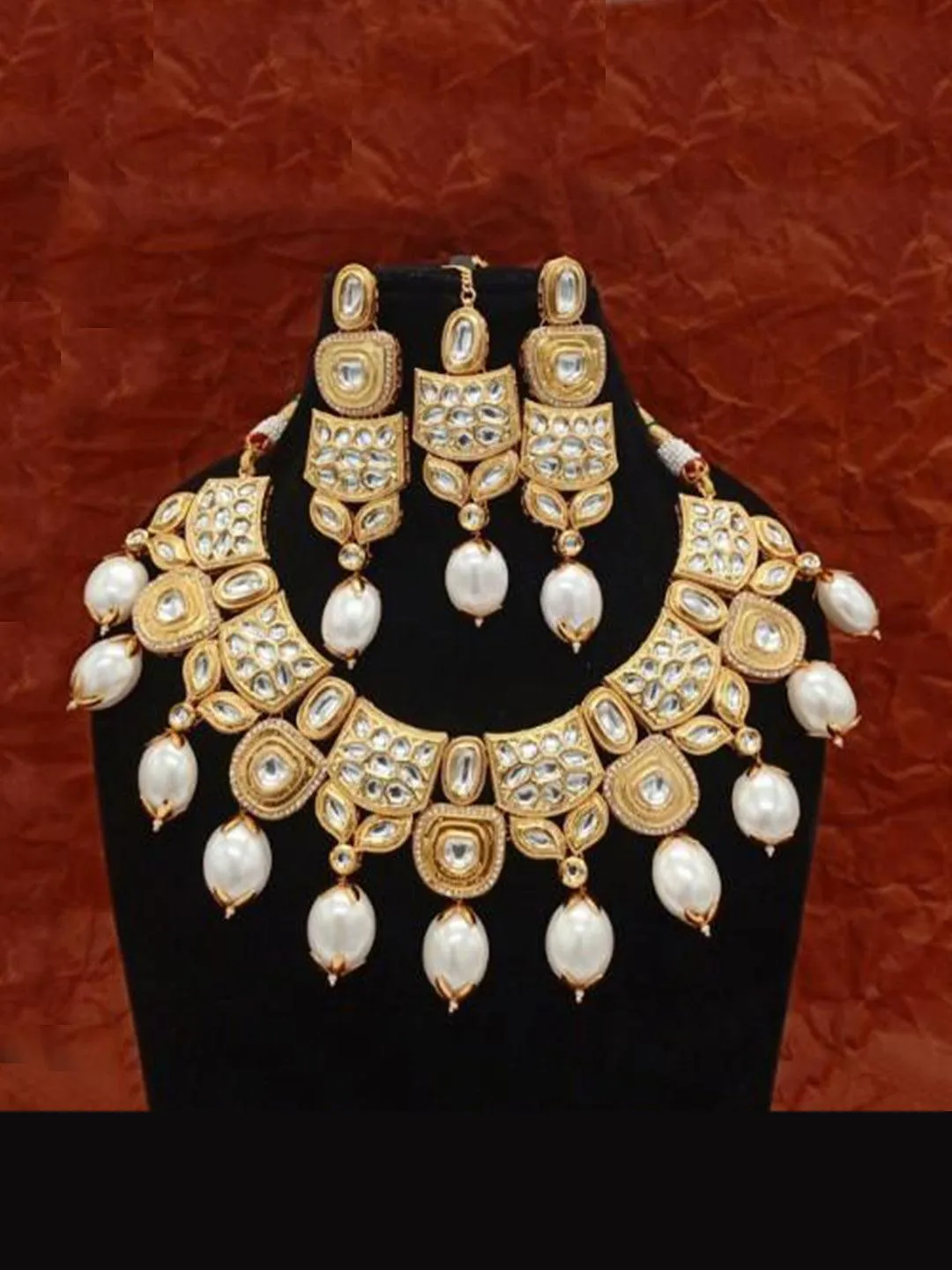 Cut Kundan Meena Pearls Necklace Earring And Teeka Set