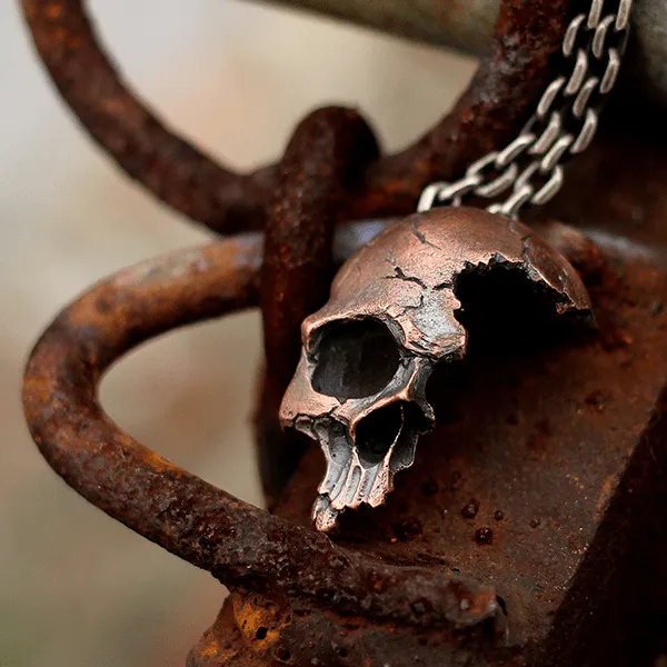 Damaged Half Face Sterling Silver Brass Skull Pendant