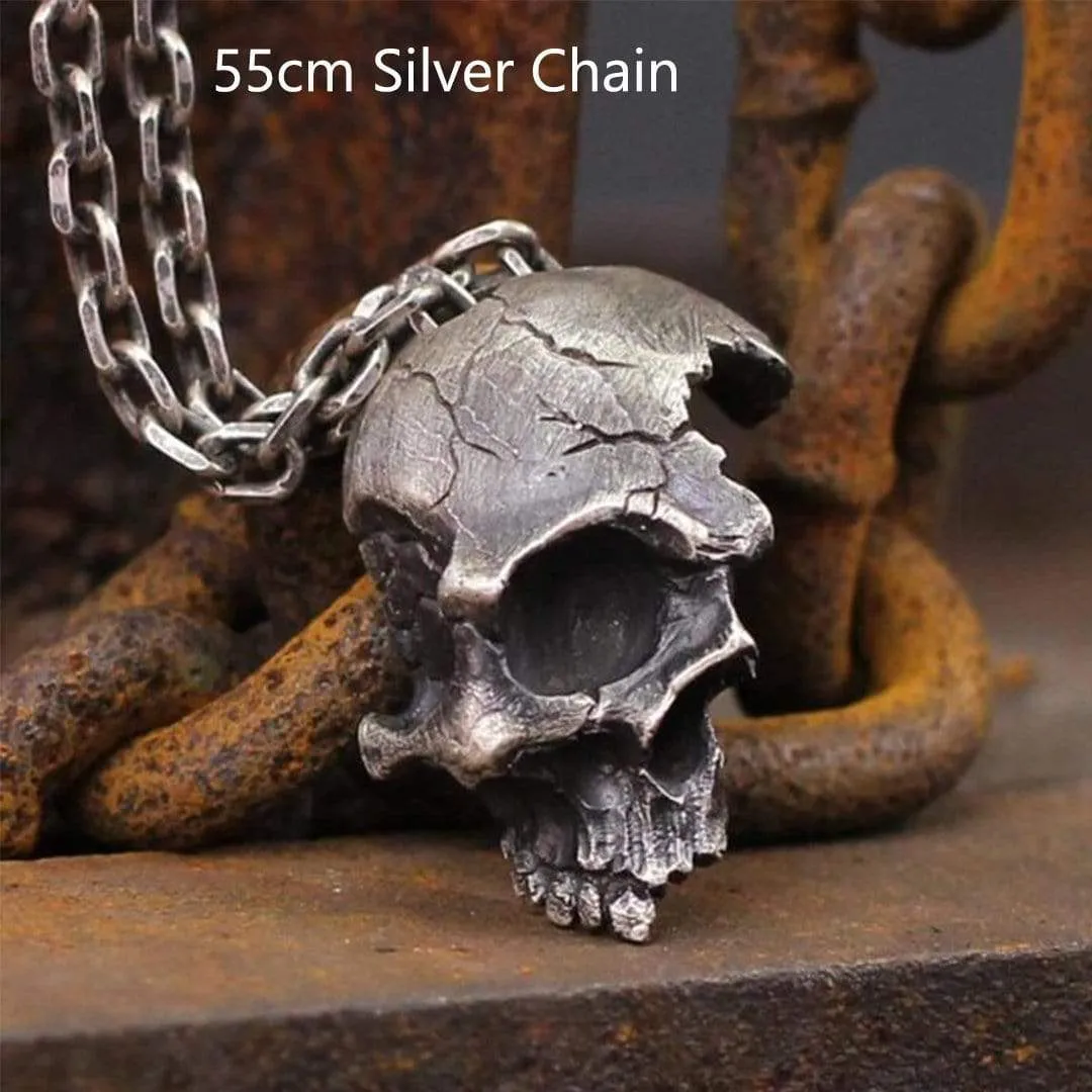 Damaged Half Face Sterling Silver Brass Skull Pendant