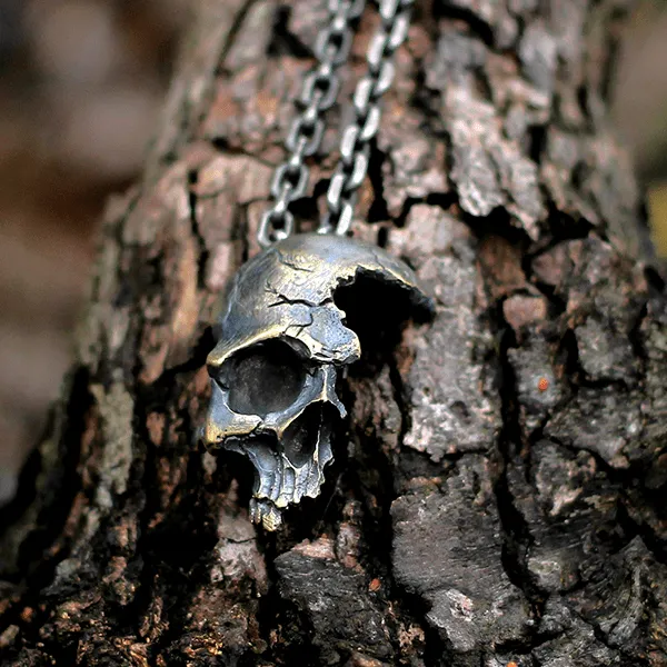 Damaged Half Face Sterling Silver Brass Skull Pendant