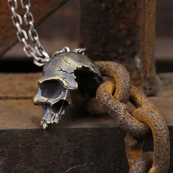 Damaged Half Face Sterling Silver Brass Skull Pendant