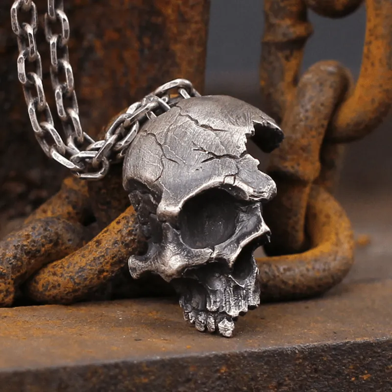 Damaged Half Face Sterling Silver Brass Skull Pendant