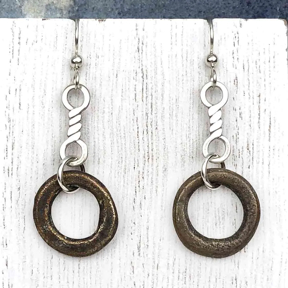 Dark Thick Bronze Celtic Ring Money Earrings with Twist Charms | Artifact #6583