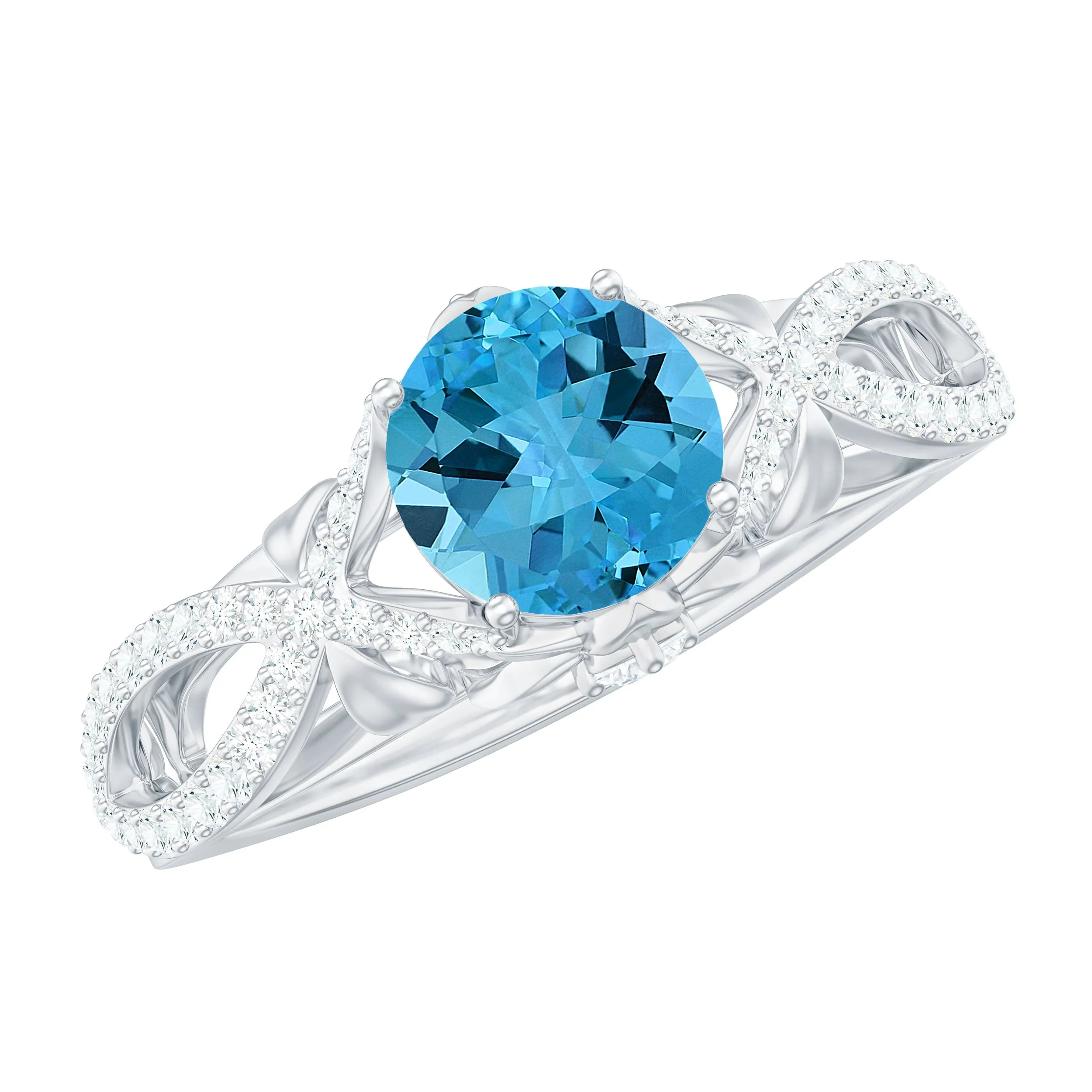 Designer Swiss Blue Topaz and Diamond Crossover Engagement Ring