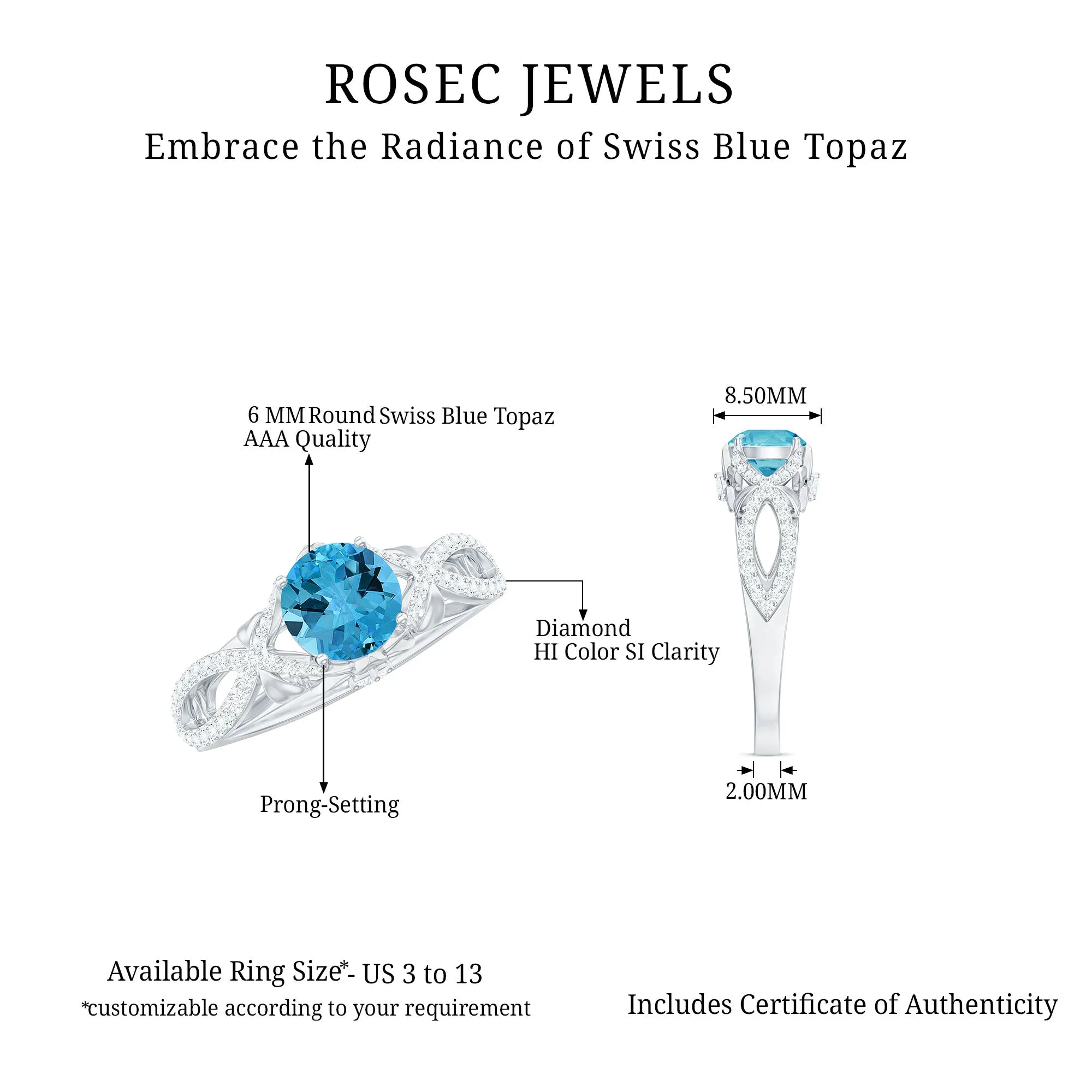 Designer Swiss Blue Topaz and Diamond Crossover Engagement Ring