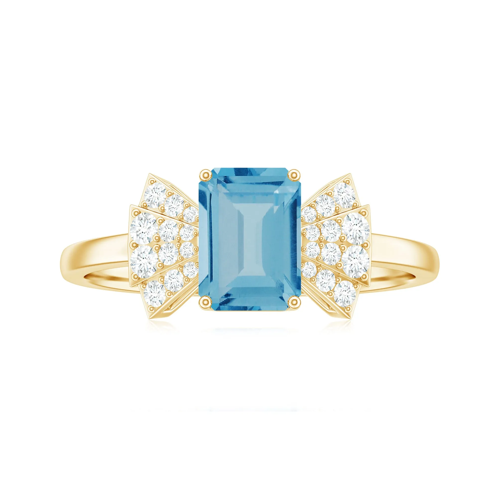 Emerald Cut Swiss Blue Topaz Solitaire Ring with Diamond