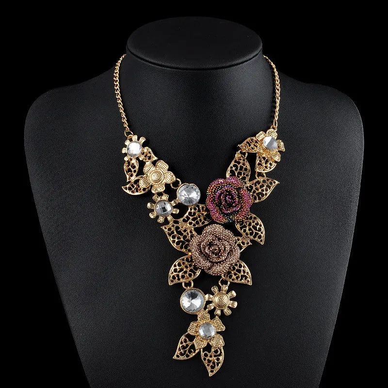 European Vintage Gold plated Rose Rhinestone Necklaces & Pendants Link Accessories Choker Maxi Necklace Women Statement Jewelry