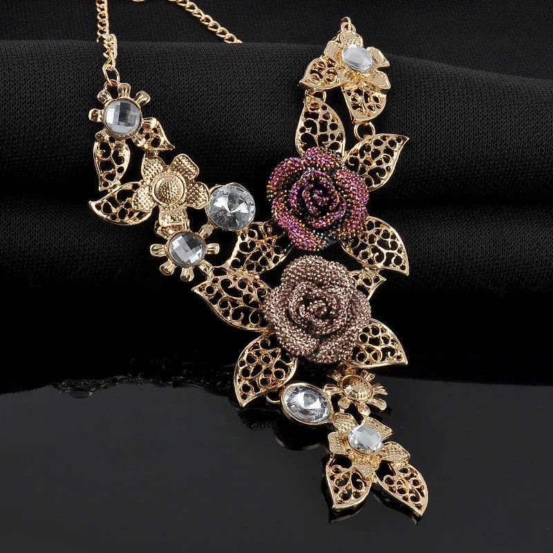 European Vintage Gold plated Rose Rhinestone Necklaces & Pendants Link Accessories Choker Maxi Necklace Women Statement Jewelry