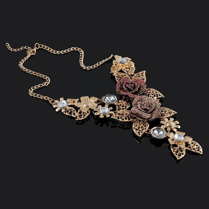 European Vintage Gold plated Rose Rhinestone Necklaces & Pendants Link Accessories Choker Maxi Necklace Women Statement Jewelry