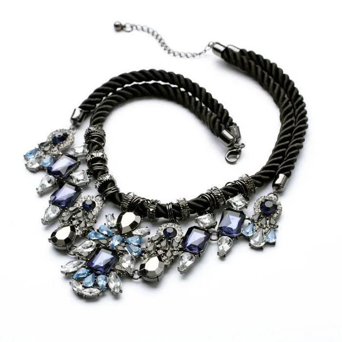 Fashion Costume Jewelry Vintage Silver Black Fabric Rope Chain Crystal Statement Choker Necklace Women Dangle Pendants