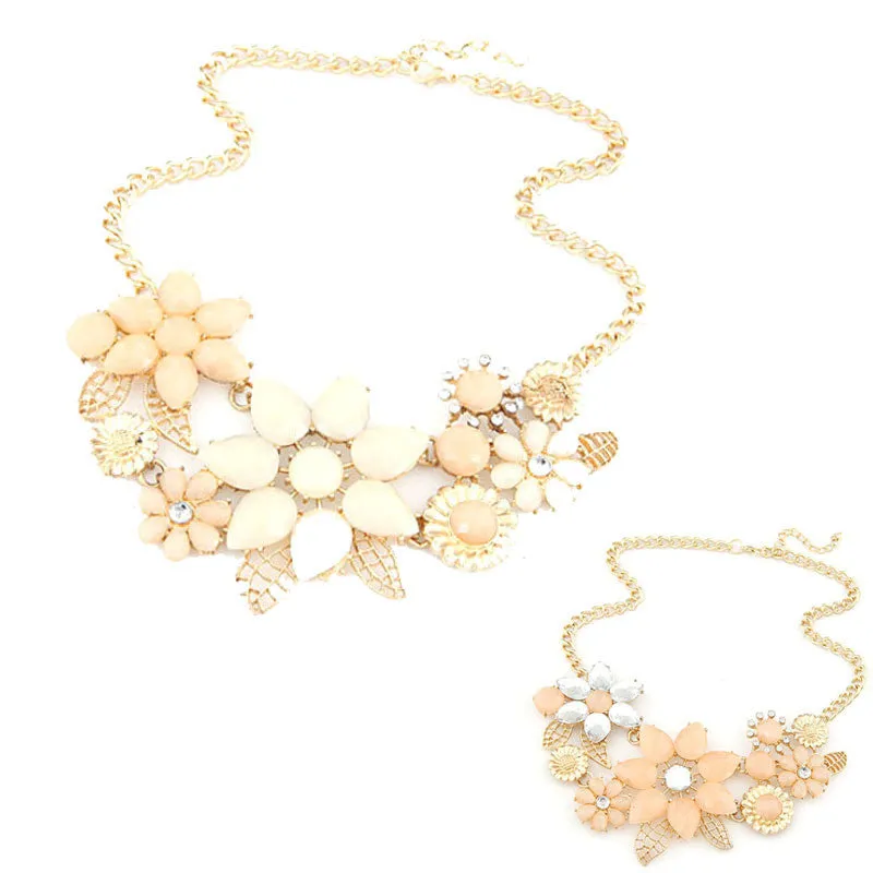 Fashion Elegant Women Pink Flower gold necklace Jewelry Choker Bib Statement Collar Chain Pendant Necklace