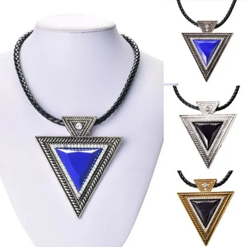 Fashion lackingone jewelry christmas gift Vintage Triangle Statement Necklace Rhinestone Necklaces & pendants Leather chain