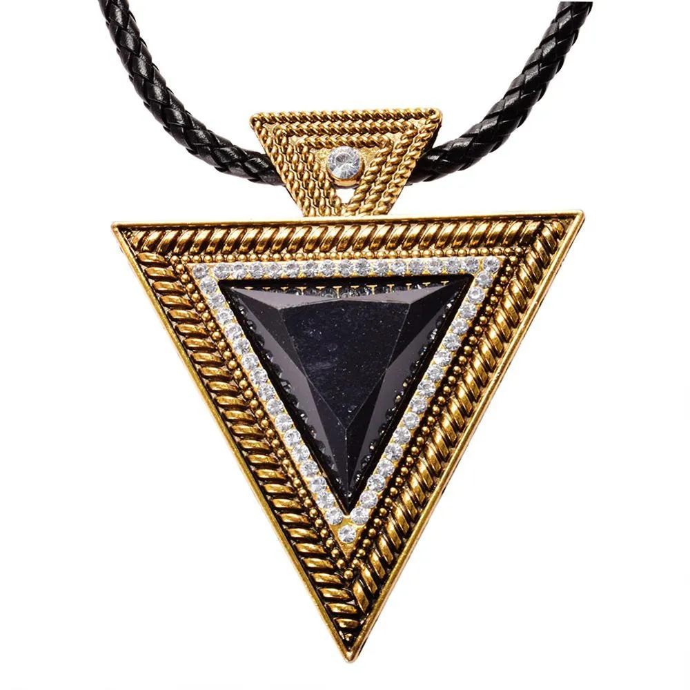 Fashion lackingone jewelry christmas gift Vintage Triangle Statement Necklace Rhinestone Necklaces & pendants Leather chain