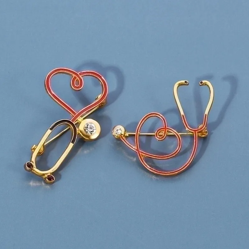 Fashion Pin Human Electrocardiogram Heart Shape Alloy Enamel Inlay Rhinestones Unisex Brooches