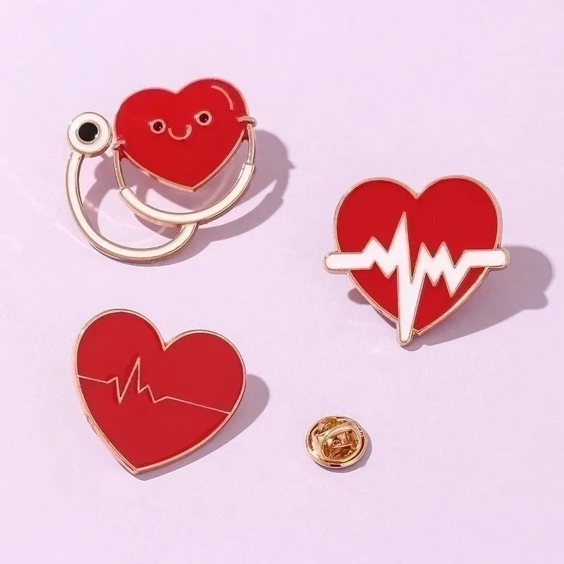 Fashion Pin Human Electrocardiogram Heart Shape Alloy Enamel Inlay Rhinestones Unisex Brooches