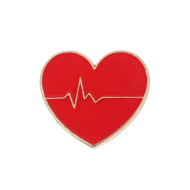 Fashion Pin Human Electrocardiogram Heart Shape Alloy Enamel Inlay Rhinestones Unisex Brooches