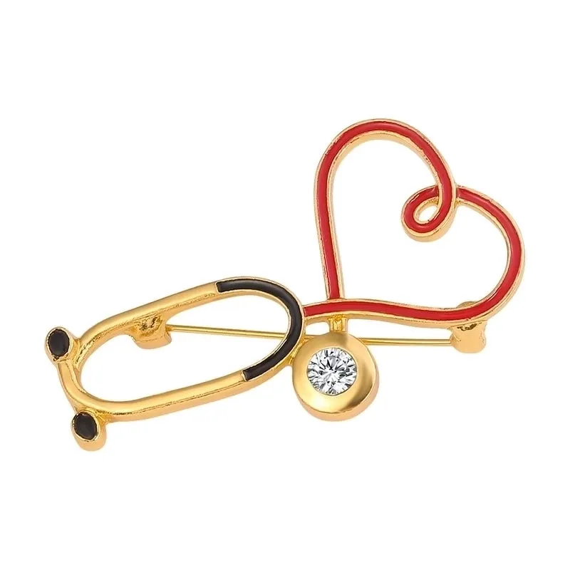 Fashion Pin Human Electrocardiogram Heart Shape Alloy Enamel Inlay Rhinestones Unisex Brooches