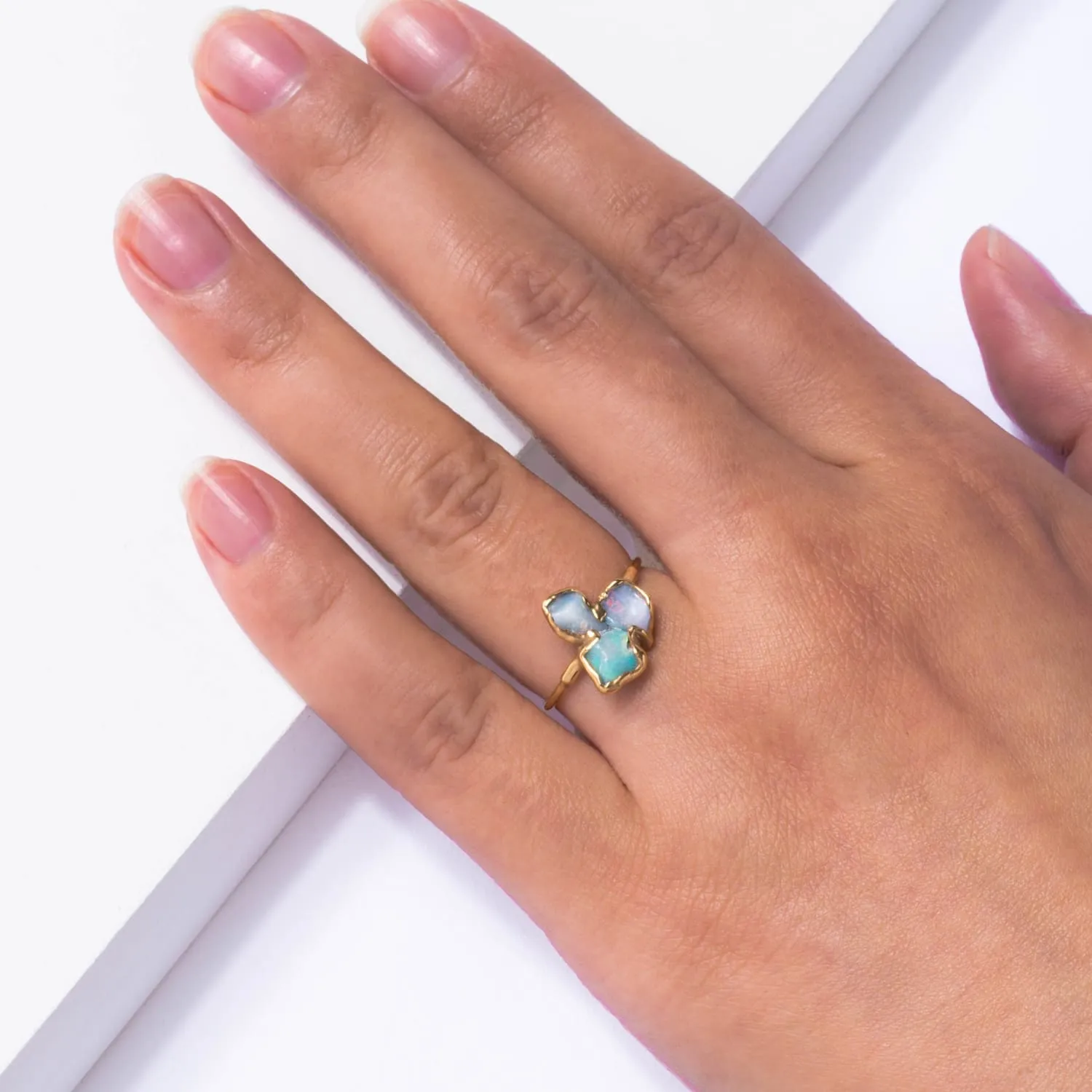 Fleur Three Stone Raw Australian Opal Cluster Ring