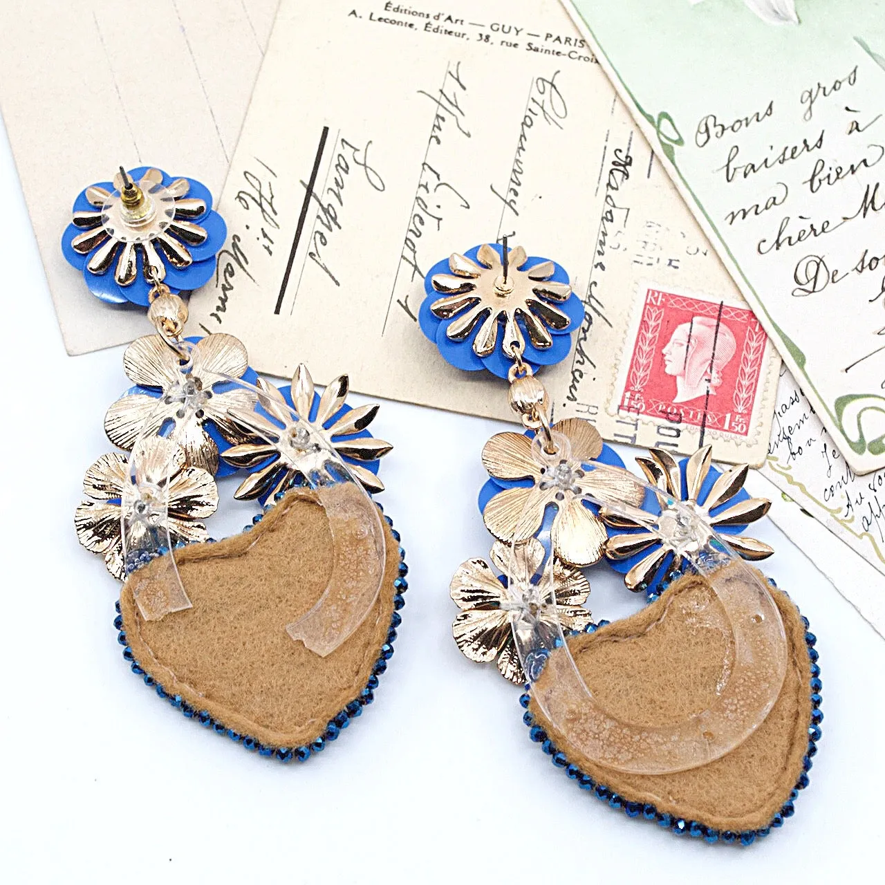 Flower and Blue Embroidered Heart Mexican Earrings