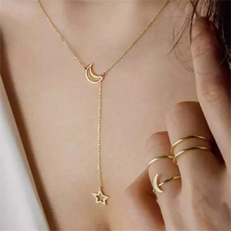 Flytonn LATS Gold Color Choker Necklace For Women Multilayer Long Moon Tassel Pendant Chain Necklaces & Pendants Chokers Fashion Jewelry