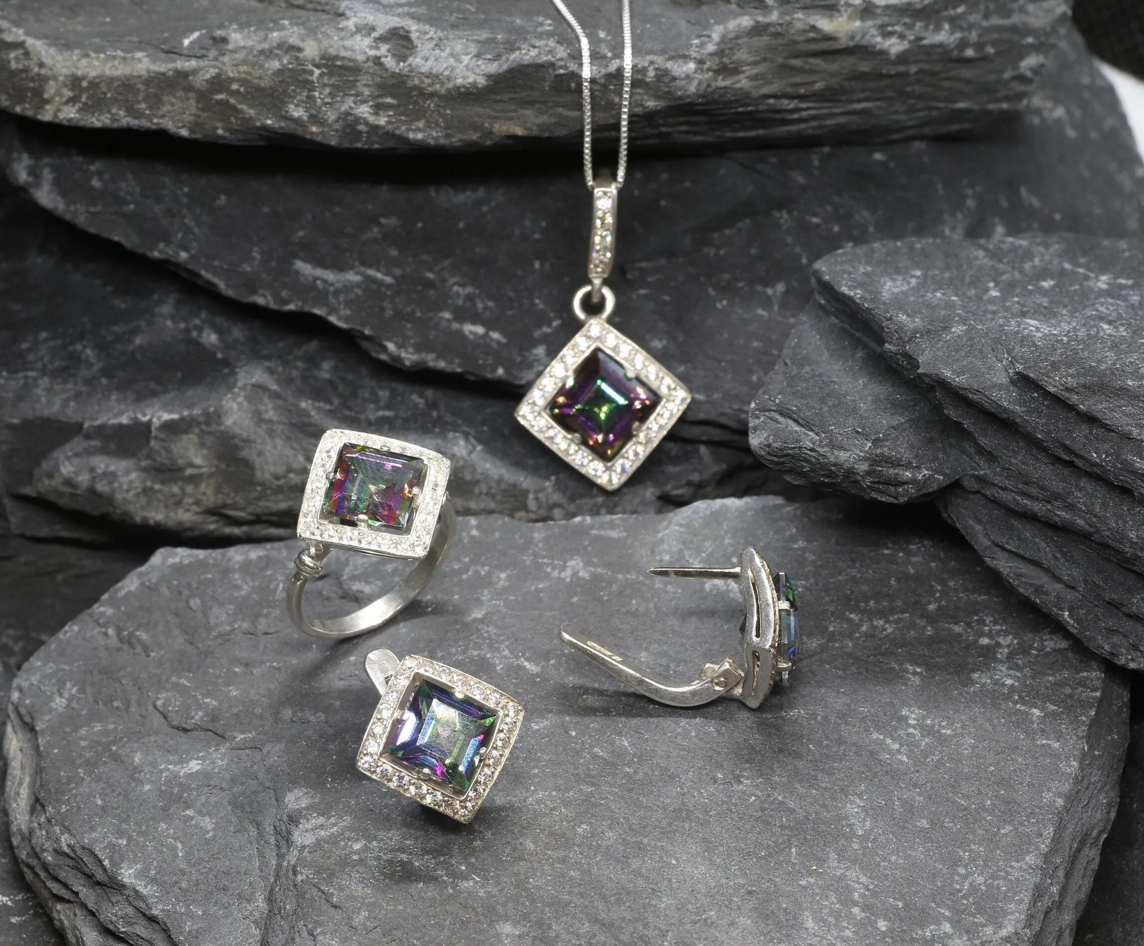 Genuine Topaz Earrings - Mystic Topaz Earrings - Purple Square Studs