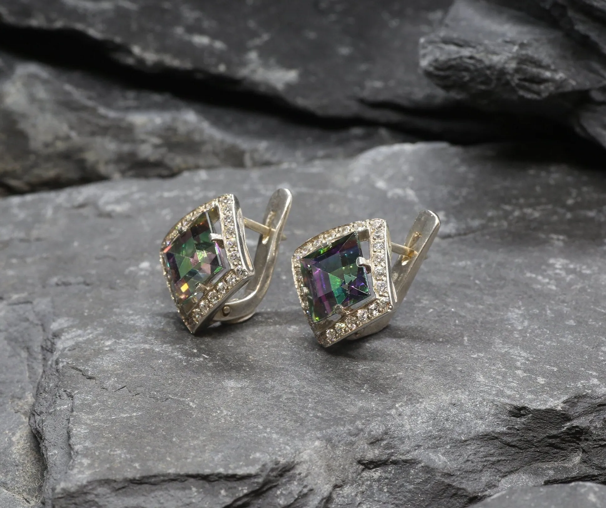 Genuine Topaz Earrings - Mystic Topaz Earrings - Purple Square Studs