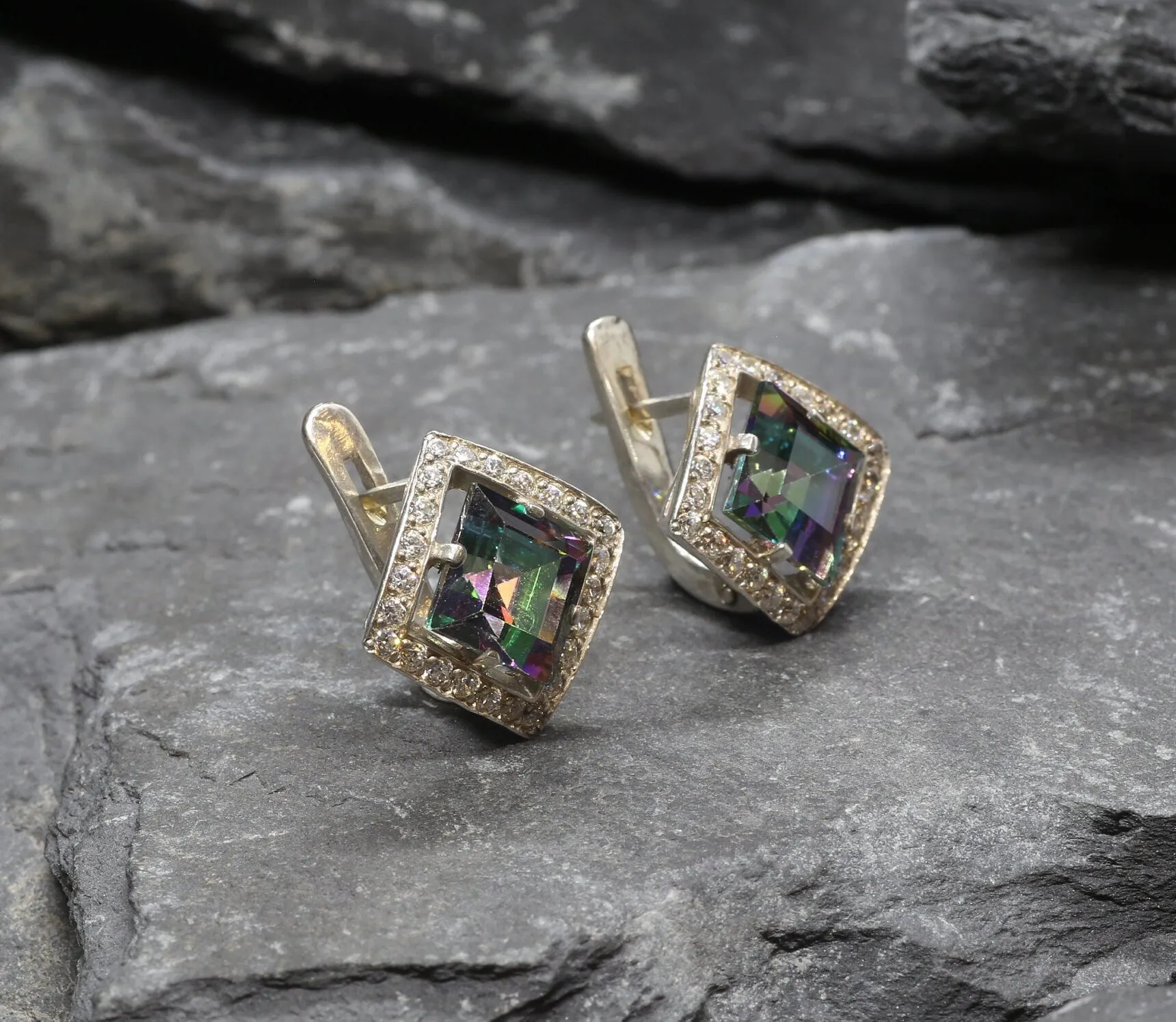 Genuine Topaz Earrings - Mystic Topaz Earrings - Purple Square Studs