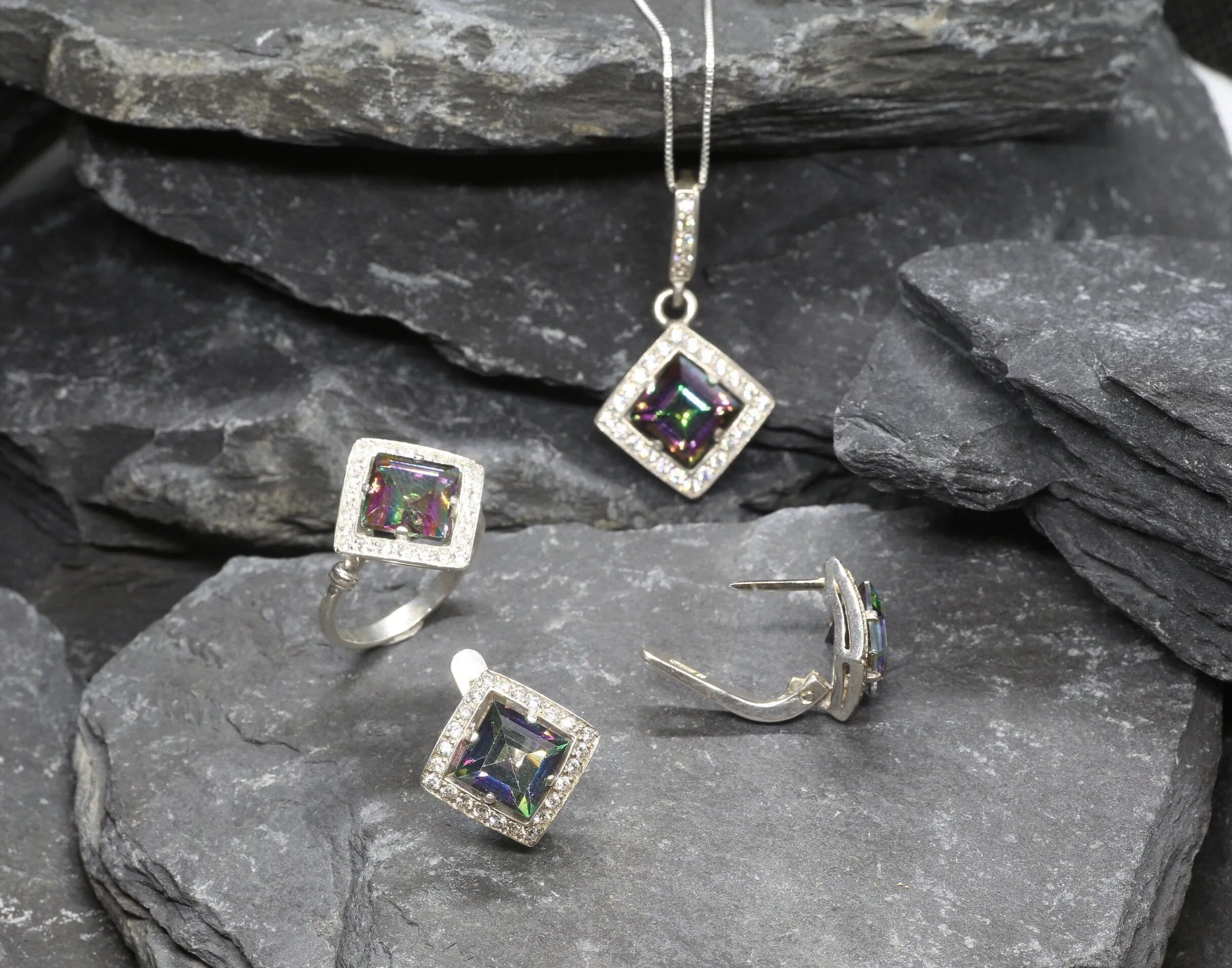 Genuine Topaz Earrings - Mystic Topaz Earrings - Purple Square Studs