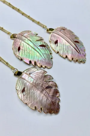 Giant Carved Pink Shell Leaf Necklace