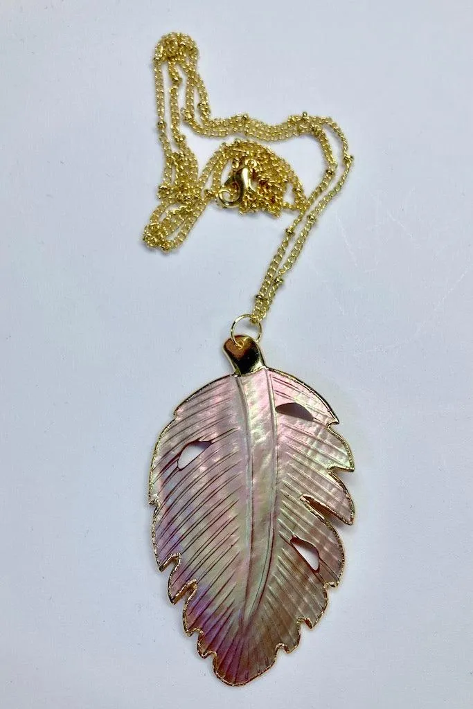 Giant Carved Pink Shell Leaf Necklace