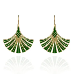 Green Art Deco Palm Leaf Earrings: Green Drop Earrings