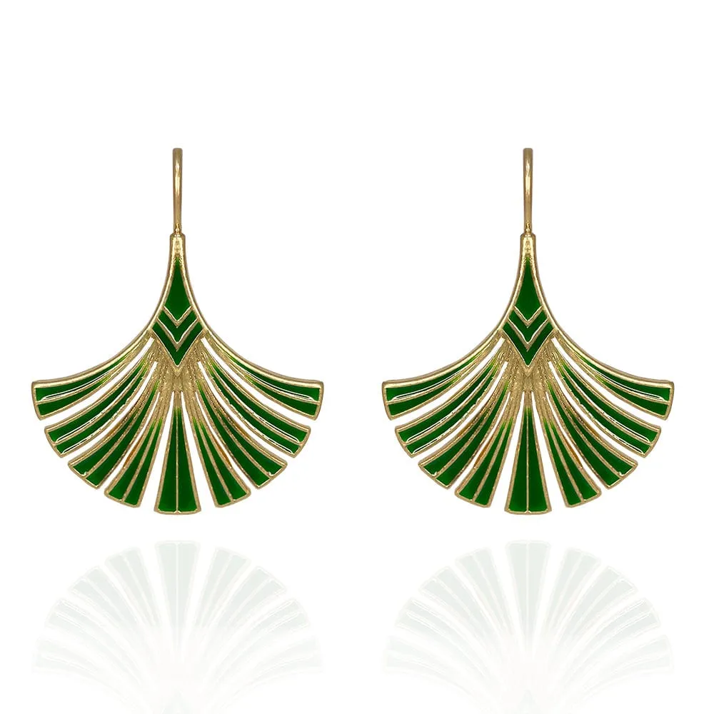 Green Art Deco Palm Leaf Earrings: Green Drop Earrings