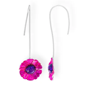 Handmade Silver Purple Fuchsia Daisy Flower Drop Earrings