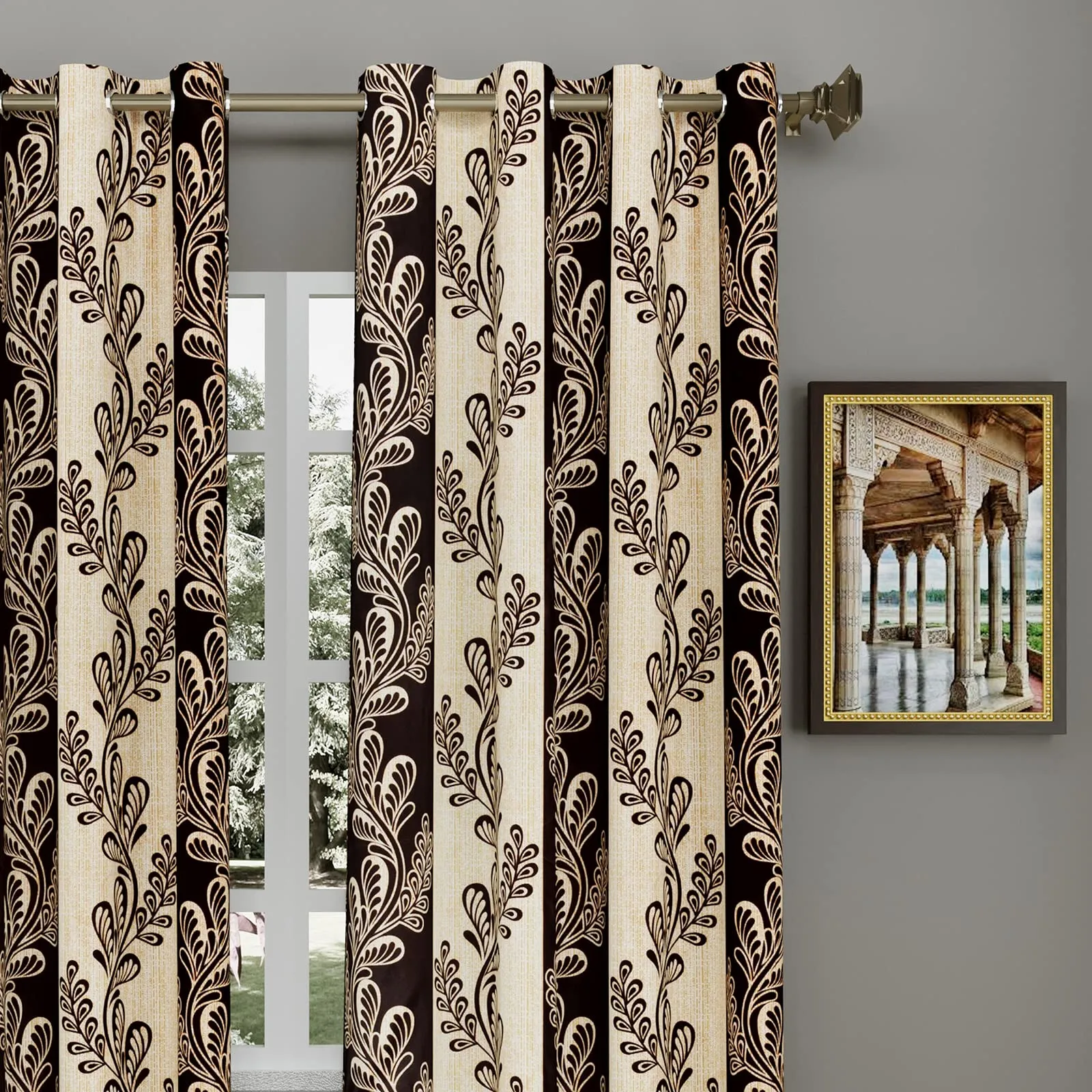 Heart Home Leaf Printed 7 ft Door Curtain for Living Room, Bed Room, Kids Room with 8 Eyelet- Pack of 2 (Brown)-Hs43Hearth25599(Polyester_Brown)