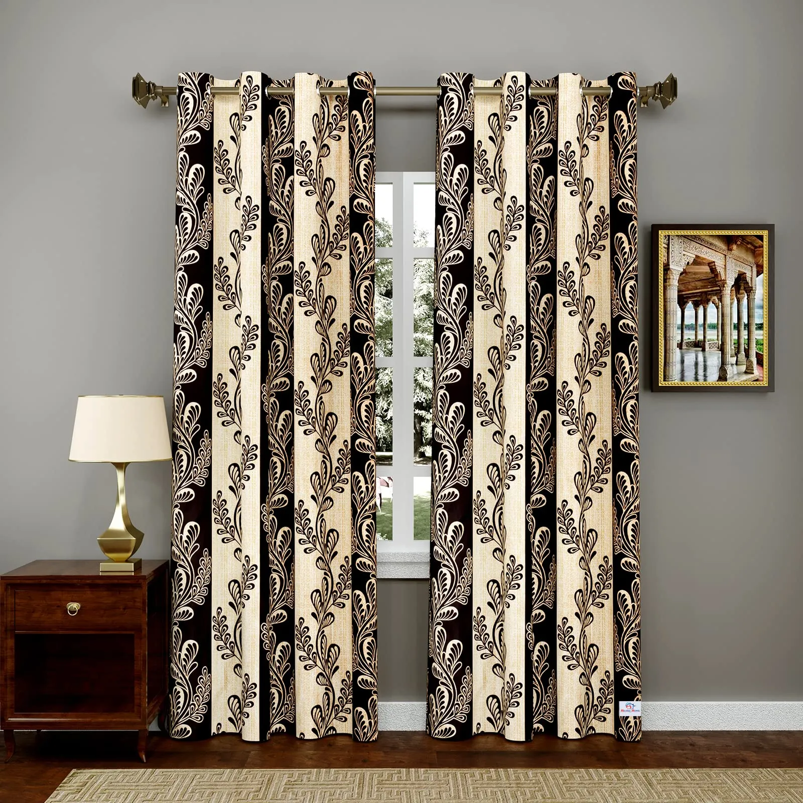 Heart Home Leaf Printed 7 ft Door Curtain for Living Room, Bed Room, Kids Room with 8 Eyelet- Pack of 2 (Brown)-Hs43Hearth25599(Polyester_Brown)