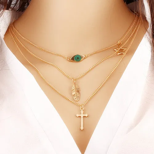 Hot Summer Style Chain Geometric Cross Necklaces Leaf Eye Multilayer Infinity Bohemia Bead Double Chain Necklace Women