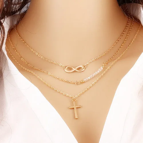 Hot Summer Style Chain Geometric Cross Necklaces Leaf Eye Multilayer Infinity Bohemia Bead Double Chain Necklace Women