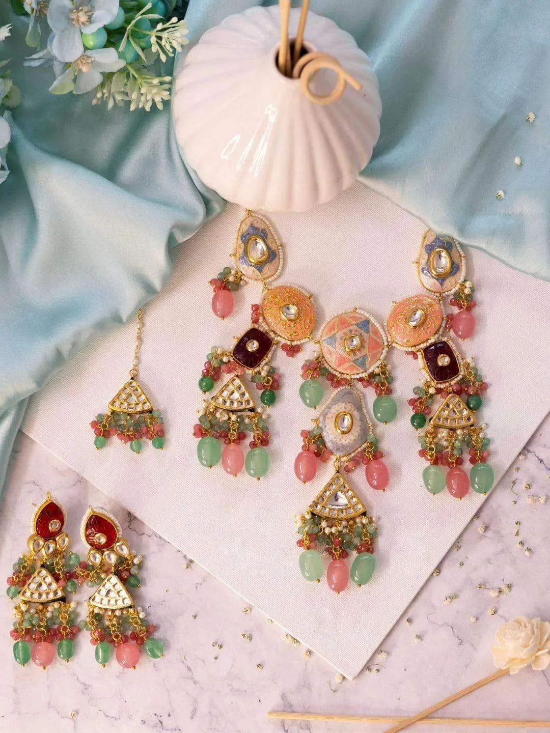 Ishhaara Bride In Hand Painted Kundan Meena Necklace Set