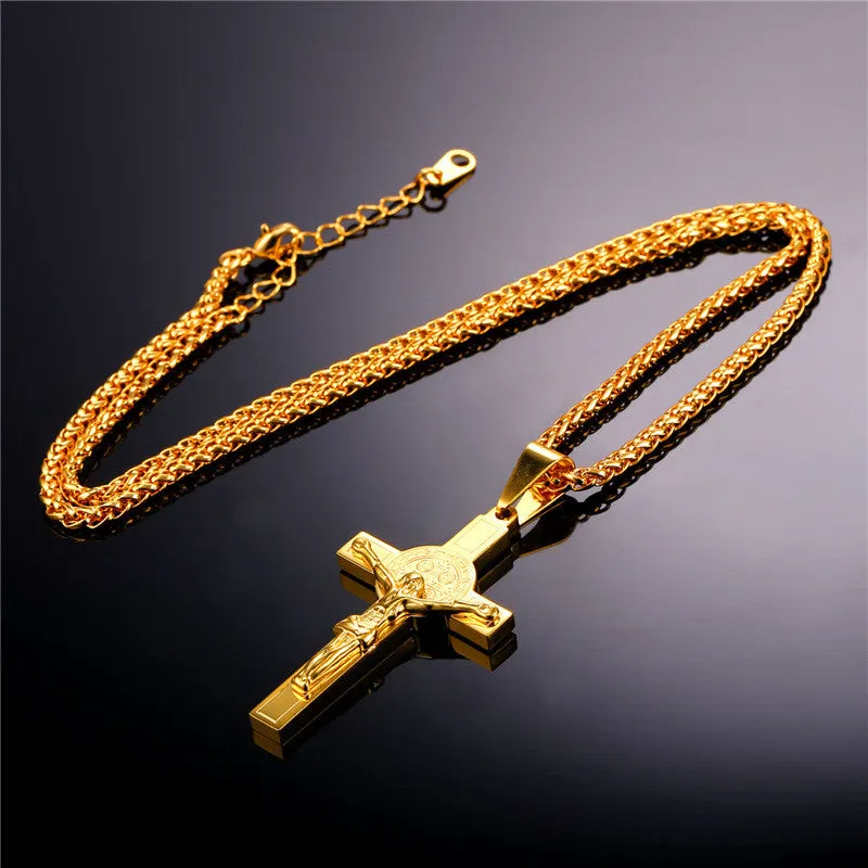 Jesus Piece Cross Pendant & Necklace Christian Jewelry Gift Vintage Stainless Steel/Gold Plated Chain Men