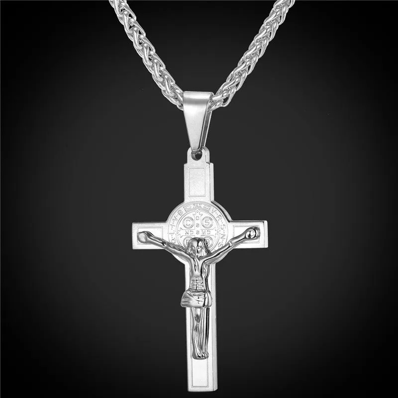 Jesus Piece Cross Pendant & Necklace Christian Jewelry Gift Vintage Stainless Steel/Gold Plated Chain Men