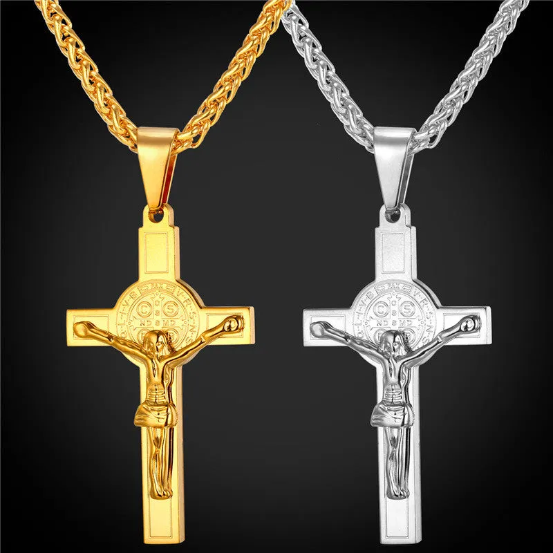 Jesus Piece Cross Pendant & Necklace Christian Jewelry Gift Vintage Stainless Steel/Gold Plated Chain Men