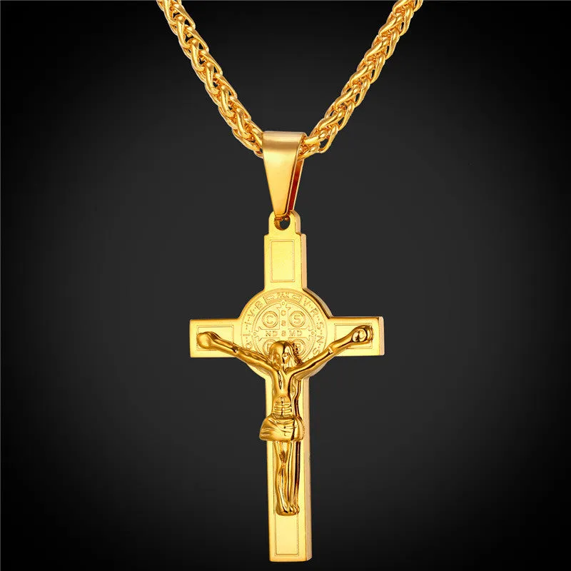 Jesus Piece Cross Pendant & Necklace Christian Jewelry Gift Vintage Stainless Steel/Gold Plated Chain Men