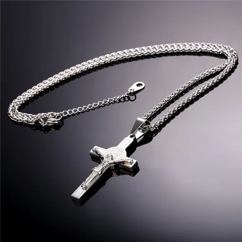 Jesus Piece Cross Pendant & Necklace Christian Jewelry Gift Vintage Stainless Steel/Gold Plated Chain Men